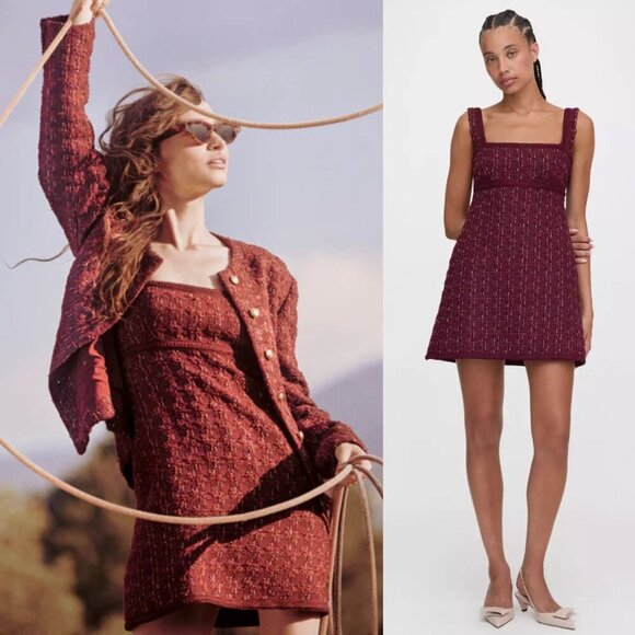 Hill House Bennett Mini Dress Burgundy Red Tweed Square Neck Size XL - Picture 12 of 12